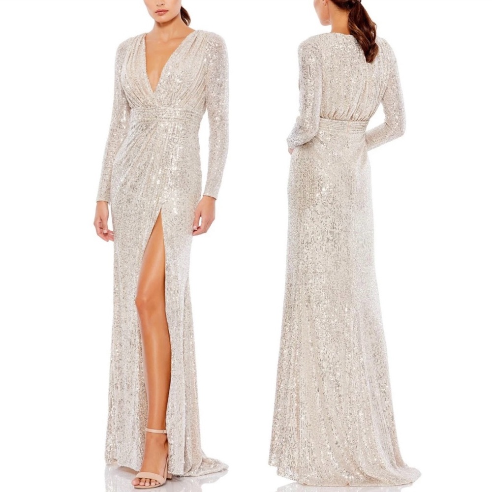 IEENA for Mac Duggal Sequin Faux Wrap Gown Champagne Silver Nude ✨NWT $398 Sz 4